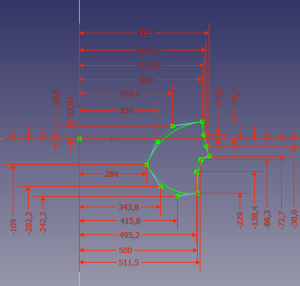 Représentation paramétrique du contour d'un profil hydraulique d'aube dans le sketch Meridien